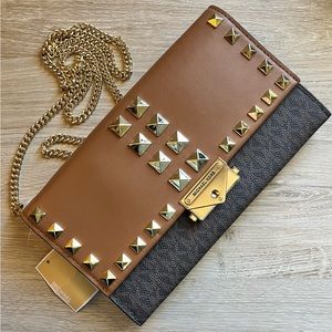 Michael Kors Studded Leather and Logo Convertible Crossbody - Acorn